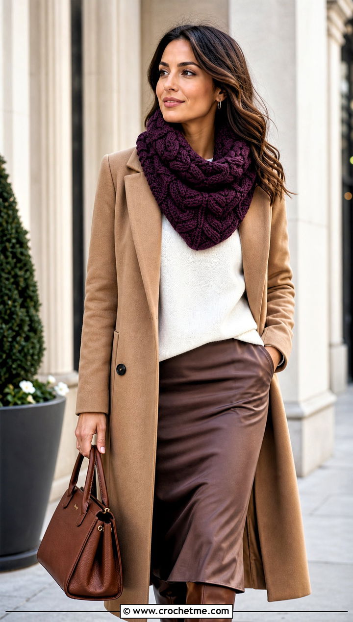 Wool Ease Thick And Quick Cable Look Cowl With Camel Coat - 20 Wool Ease Thick And Quick Crochet Cowl outfit ideas