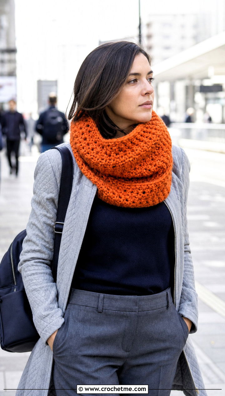 Wool Ease Thick And Quick Chunky Snood With Quilted Coat - 20 Wool Ease Thick And Quick Crochet Cowl outfit ideas