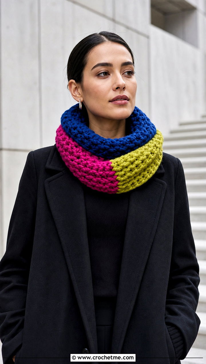 Wool Ease Thick And Quick Color Block Cowl With Monochrome Outfit - 20 Wool Ease Thick And Quick Crochet Cowl outfit ideas