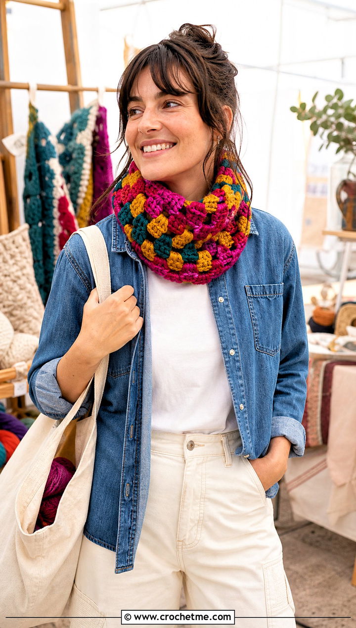 Wool Ease Thick And Quick Granny Stitch Cowl With Denim Shirt - 20 Wool Ease Thick And Quick Crochet Cowl outfit ideas