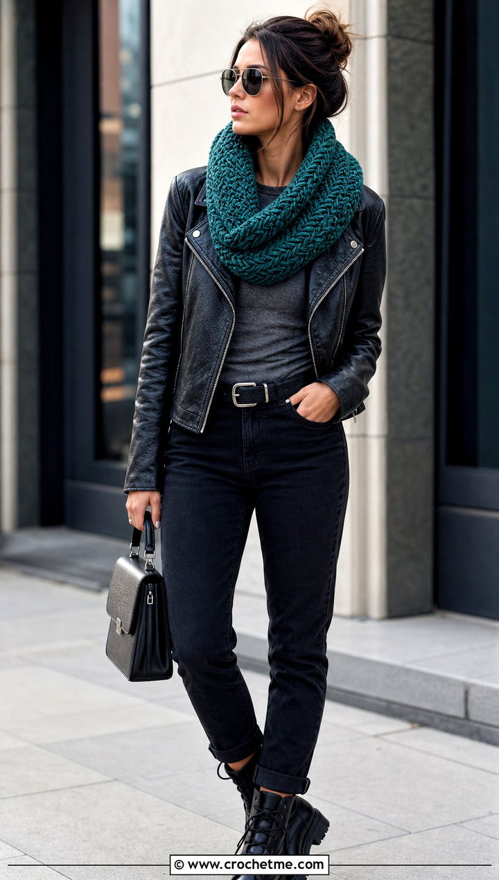 Wool Ease Thick And Quick Herringbone Cowl With Leather Jacket - 20 Wool Ease Thick And Quick Crochet Cowl outfit ideas