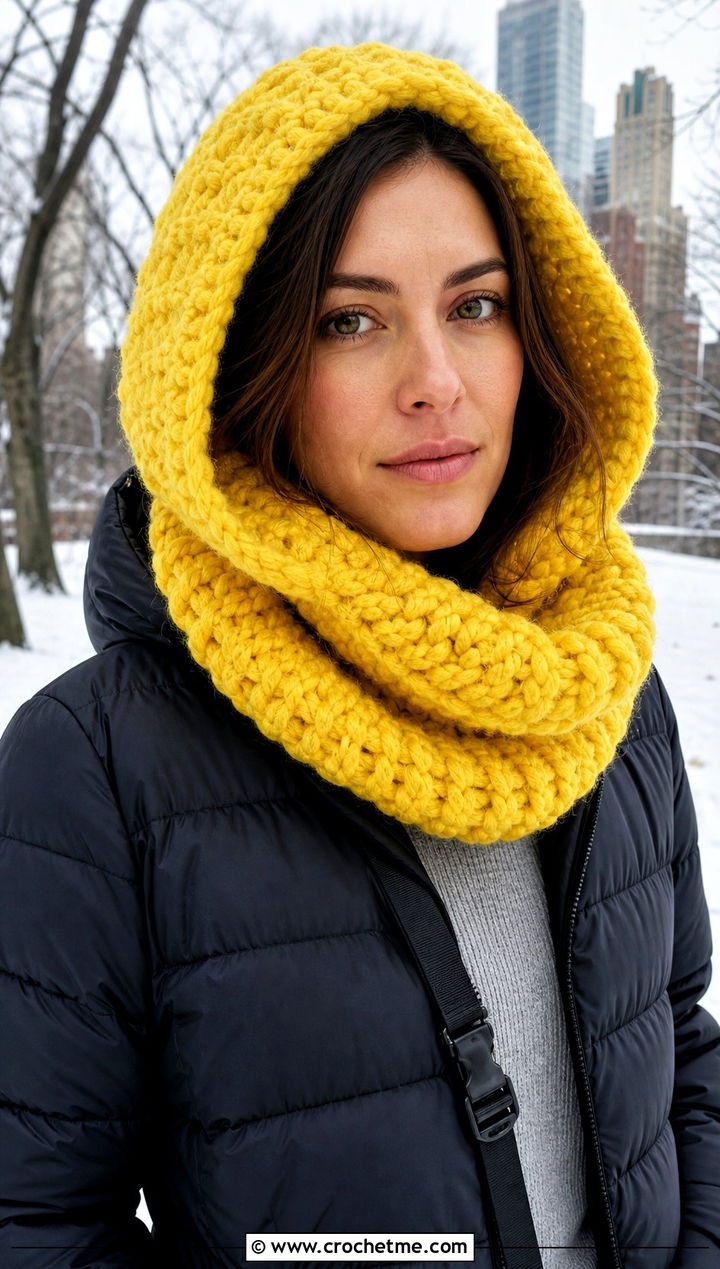 Wool Ease Thick And Quick Hooded Cowl With Puffer Jacket - 20 Wool Ease Thick And Quick Crochet Cowl outfit ideas