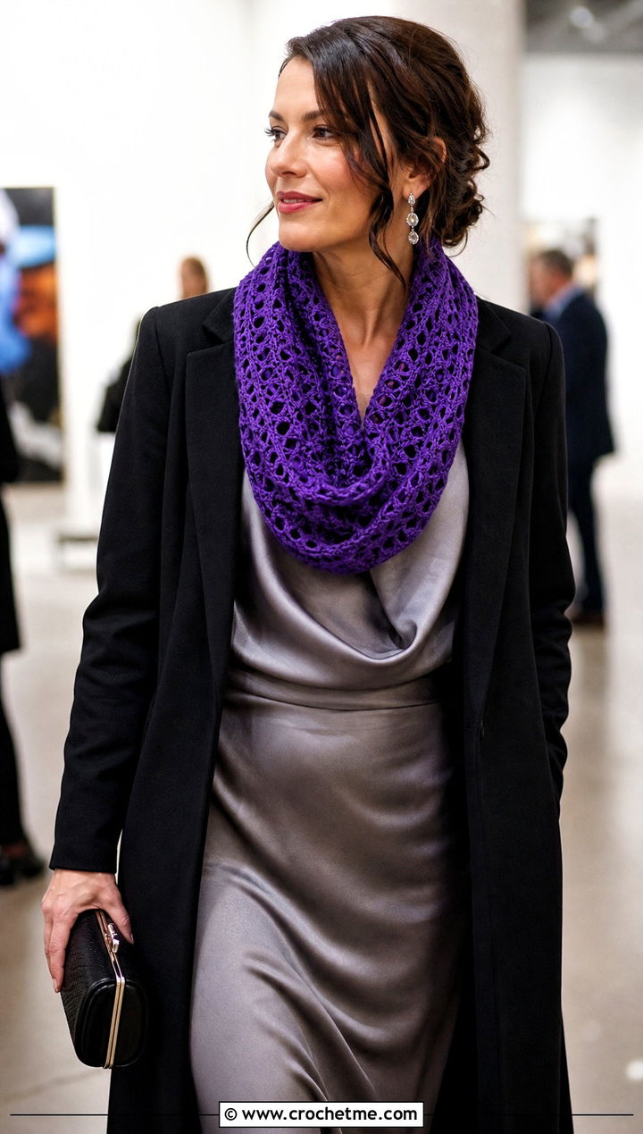 Wool Ease Thick And Quick Lace Stitch Cowl With Satin Dress - 20 Wool Ease Thick And Quick Crochet Cowl outfit ideas