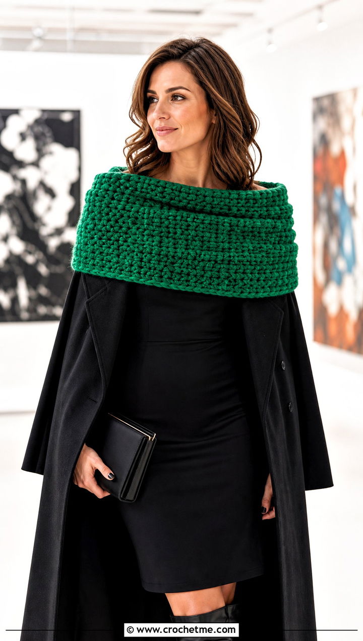 Wool Ease Thick And Quick Shoulder Cowl With Column Dress - 20 Wool Ease Thick And Quick Crochet Cowl outfit ideas