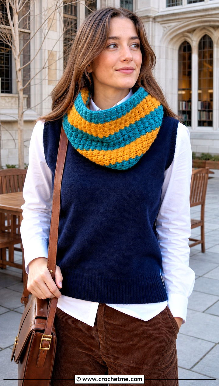 Wool Ease Thick And Quick Striped Cowl With Sweater Vest - 20 Wool Ease Thick And Quick Crochet Cowl outfit ideas