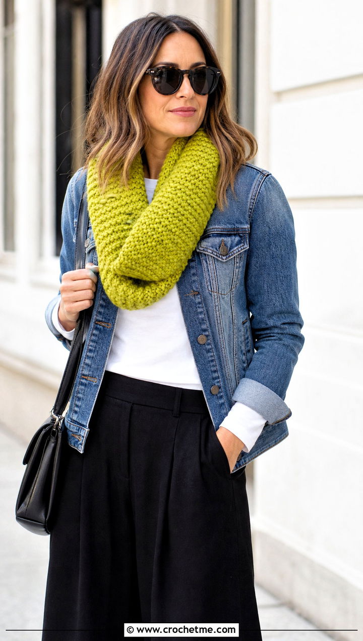 Wool Ease Thick And Quick Twisted Infinity Cowl With Denim Jacket - 20 Wool Ease Thick And Quick Crochet Cowl outfit ideas