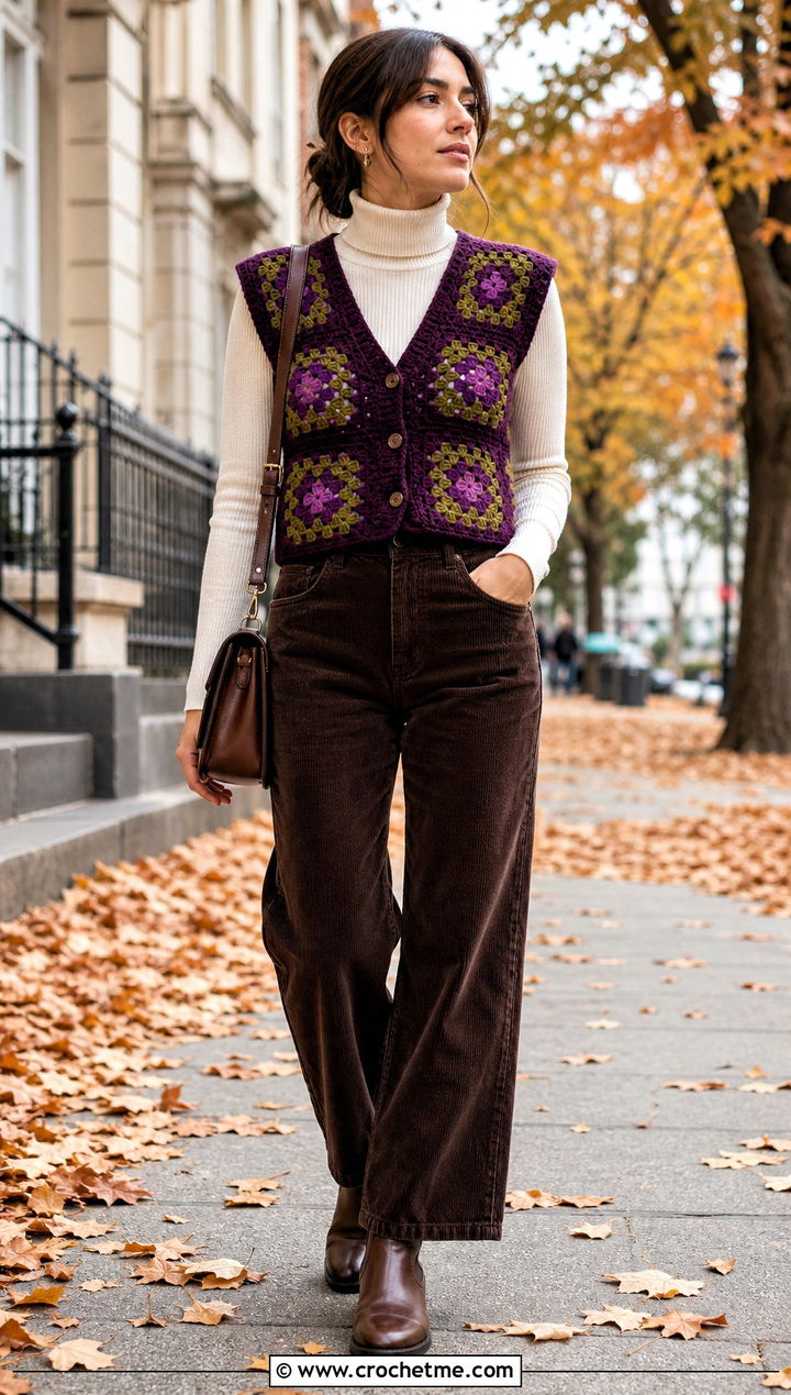 Wool Granny Square Crochet Vest With Turtleneck And Corduroy Pants - 25 Granny Square Crochet Vest outfit ideas