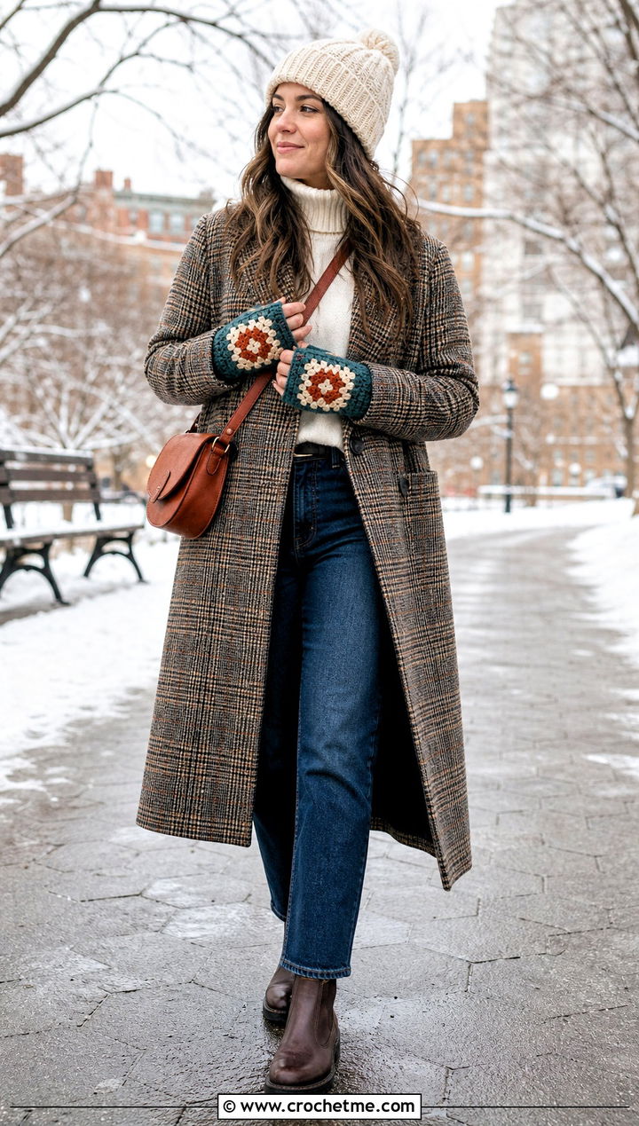 Wool Granny Square Fingerless Gloves With Plaid Coat - 35 granny square fingerless gloves outfit ideas