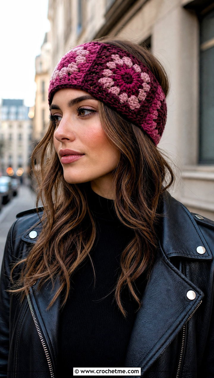 Wool Granny Square Headband With Leather Jacket - 15 Crochet Granny Square Headband outfit ideas