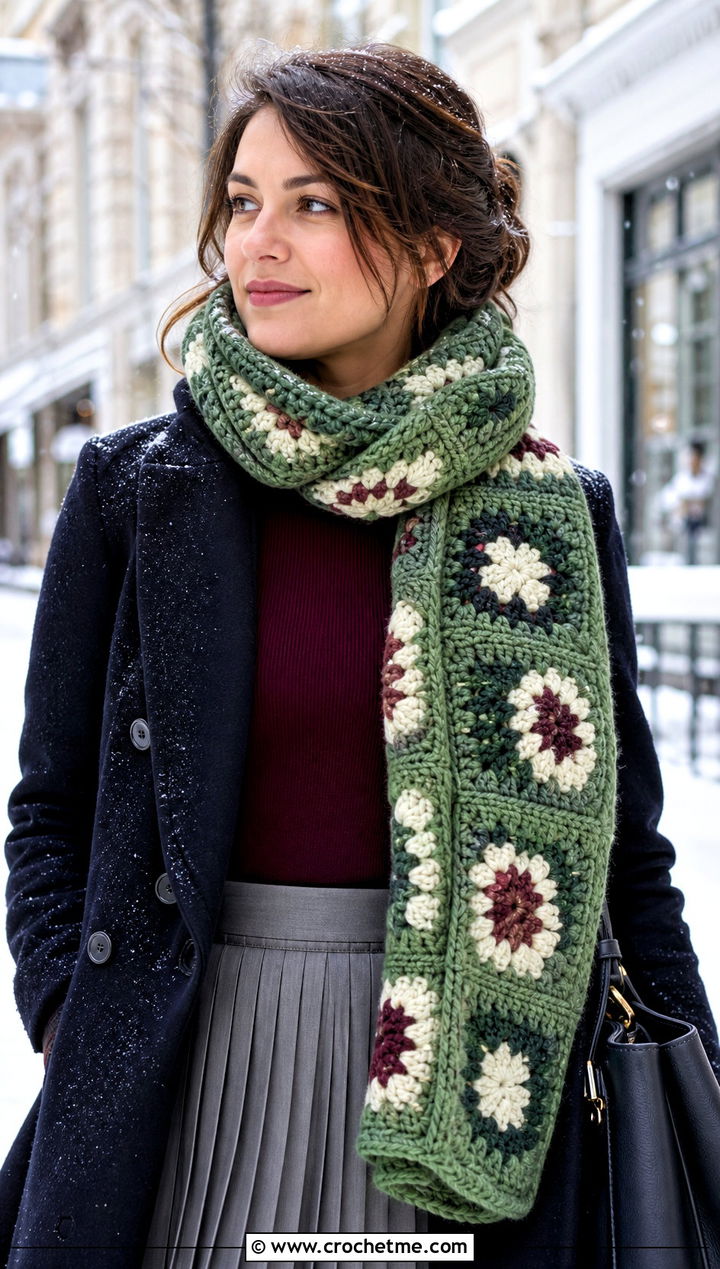 Wool Granny Square Scarf With Peacoat And Midi Skirt - 30 crochet scarf squares outfit ideas