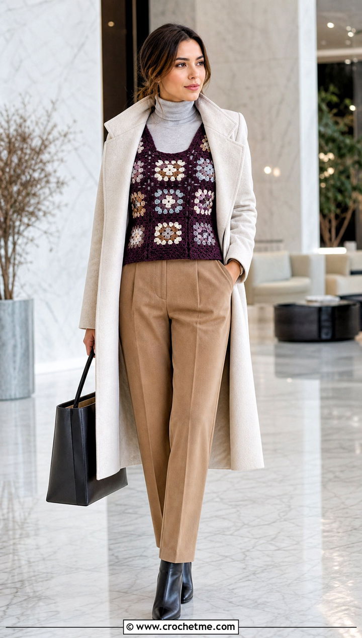 Wool Granny Square Tank With Turtleneck And Trousers - 35 granny square tank outfit ideas