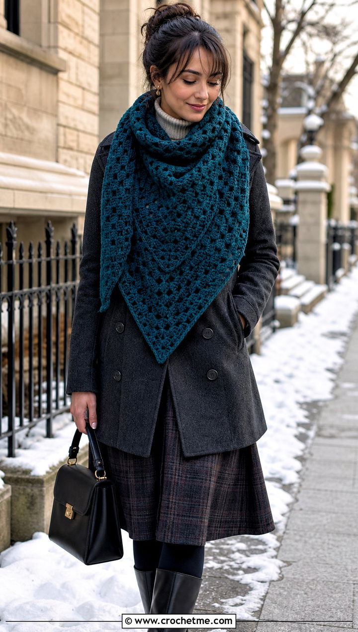 Wool Granny Square Triangle Shawl With Peacoat - 30 granny square triangle shawl outfit ideas