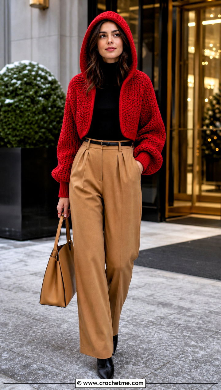 Wool Hooded Crochet Bolero With Pleated Trousers - 25 hooded crochet bolero outfit ideas