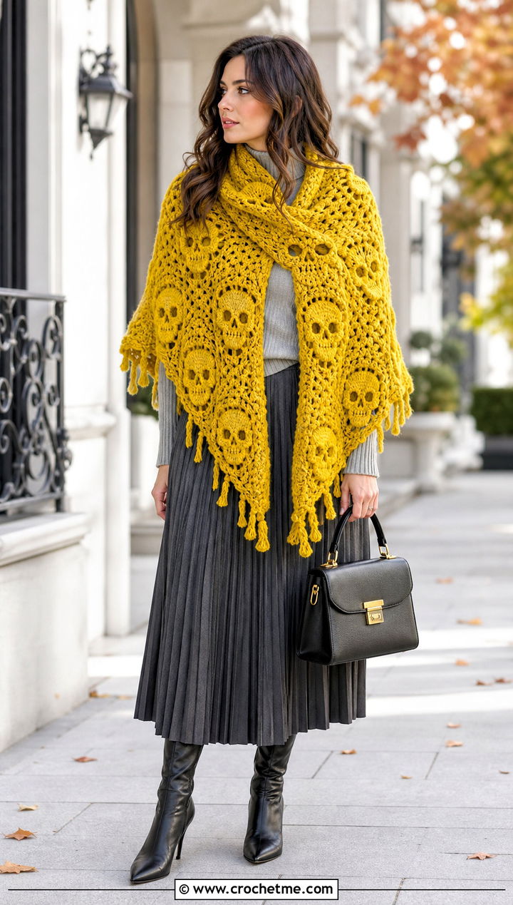 Wool Lost Souls Shawl With Pleated Midi Skirt - 35 crochet lost souls shawl outfit ideas