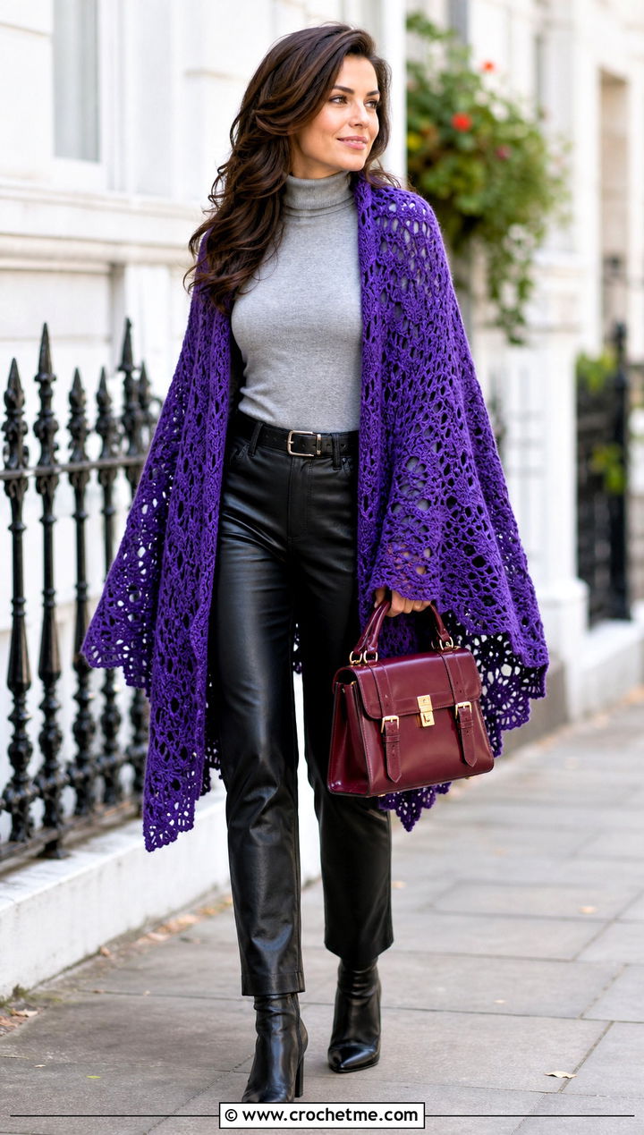 Wool Pineapple Crochet Shawl With Leather Pants - 25 pineapple crochet shawl outfit ideas