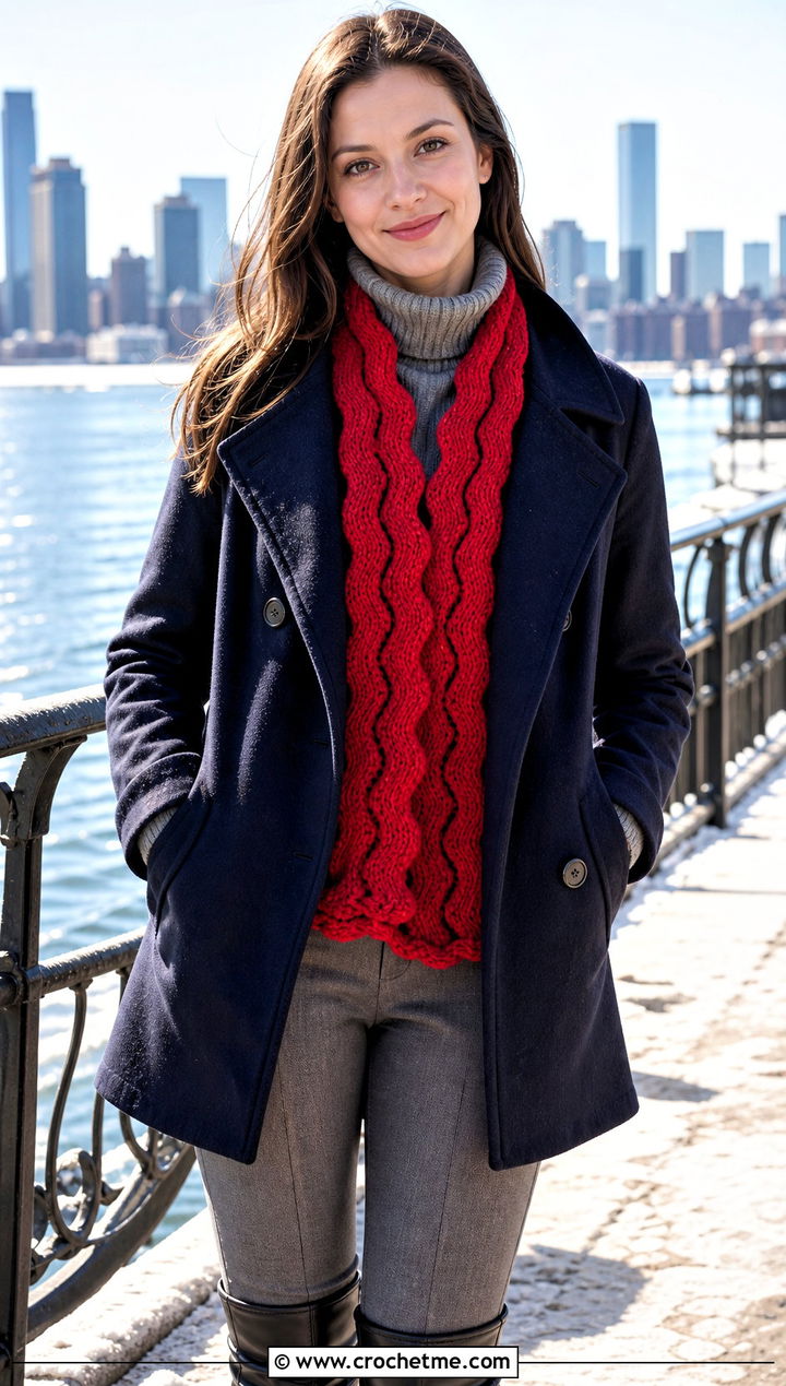 Wool Ripple Crochet Scarf With Peacoat - 25 Zig Zag Crochet Scarf outfit ideas