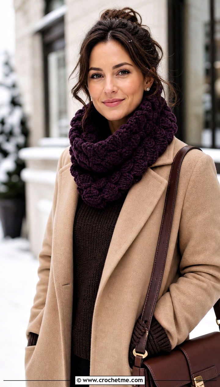 Wool Shell Cowl Scarf With Camel Coat - 25 crochet shell scarf outfit ideas