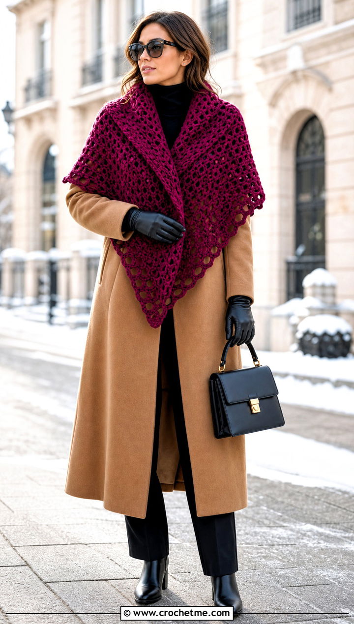 Wool Square Crochet Shawl With Long Coat - 25 Square Crochet Shawl outfit ideas