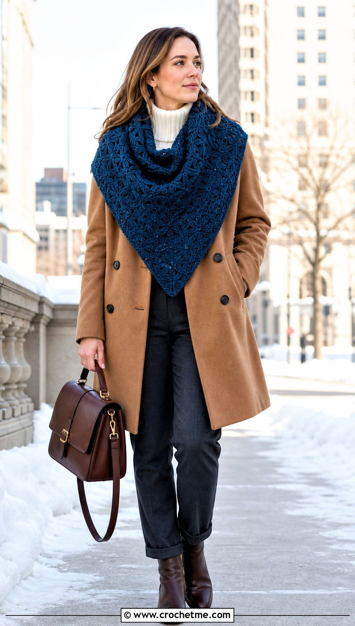 Wool Star Crochet Shawl With Peacoat - 30 star crochet shawl outfit ideas