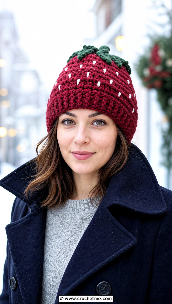 Wool Strawberry Beanie With Peacoat And Boots - 30 Crochet Strawberry Beanie outfit ideas