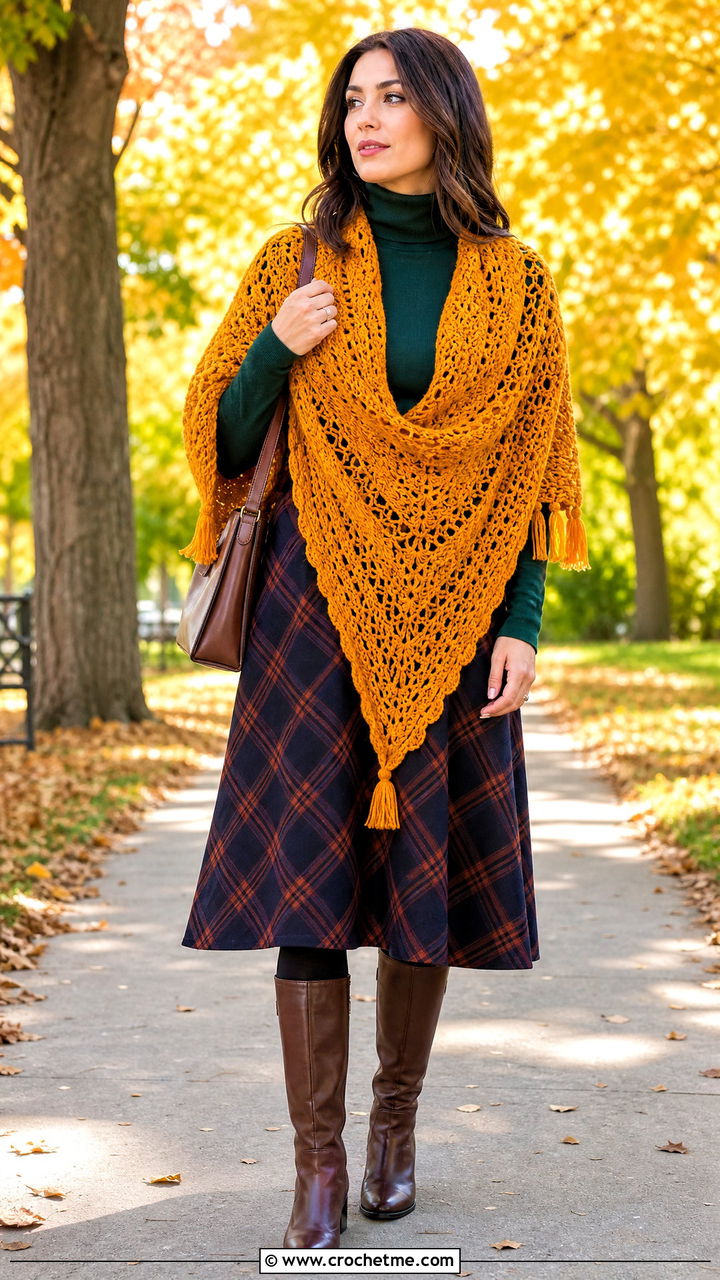 Wool Triangle Shawl With Plaid Skirt - 35 crochet triangle shawl outfit ideas
