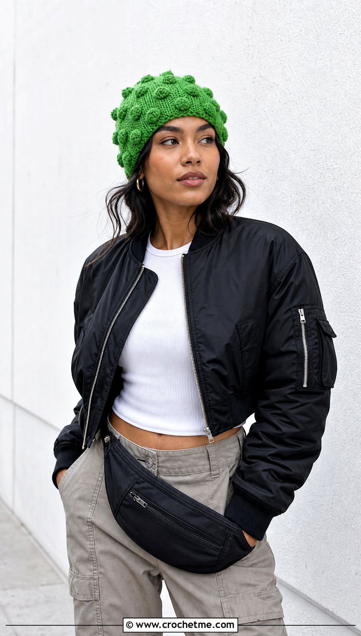 Worsted Weight Bobble Stitch Crochet Beanie With Cargo Pants - 25 Worsted Weight Crochet Beanie outfit ideas