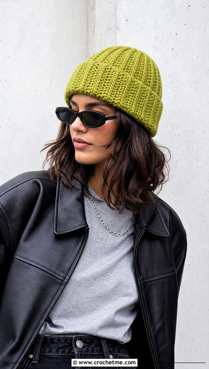 Worsted Weight Fisherman Crochet Beanie With Leather Jacket - 25 Worsted Weight Crochet Beanie outfit ideas