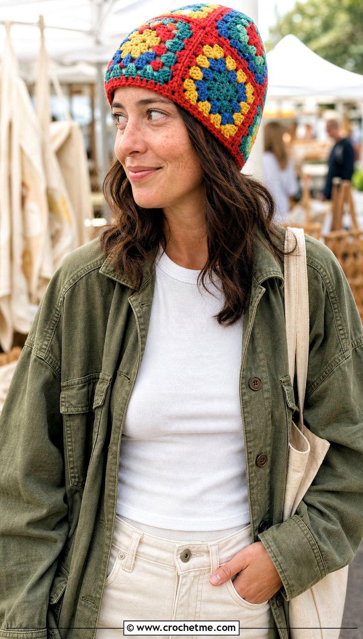 Worsted Weight Granny Square Crochet Beanie With Utility Jacket - 25 Worsted Weight Crochet Beanie outfit ideas