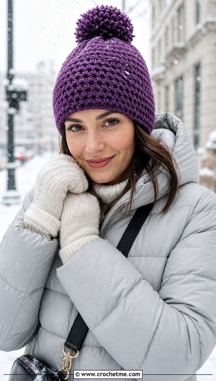 Worsted Weight Pom Pom Crochet Beanie With Puffer Coat - 25 Worsted Weight Crochet Beanie outfit ideas
