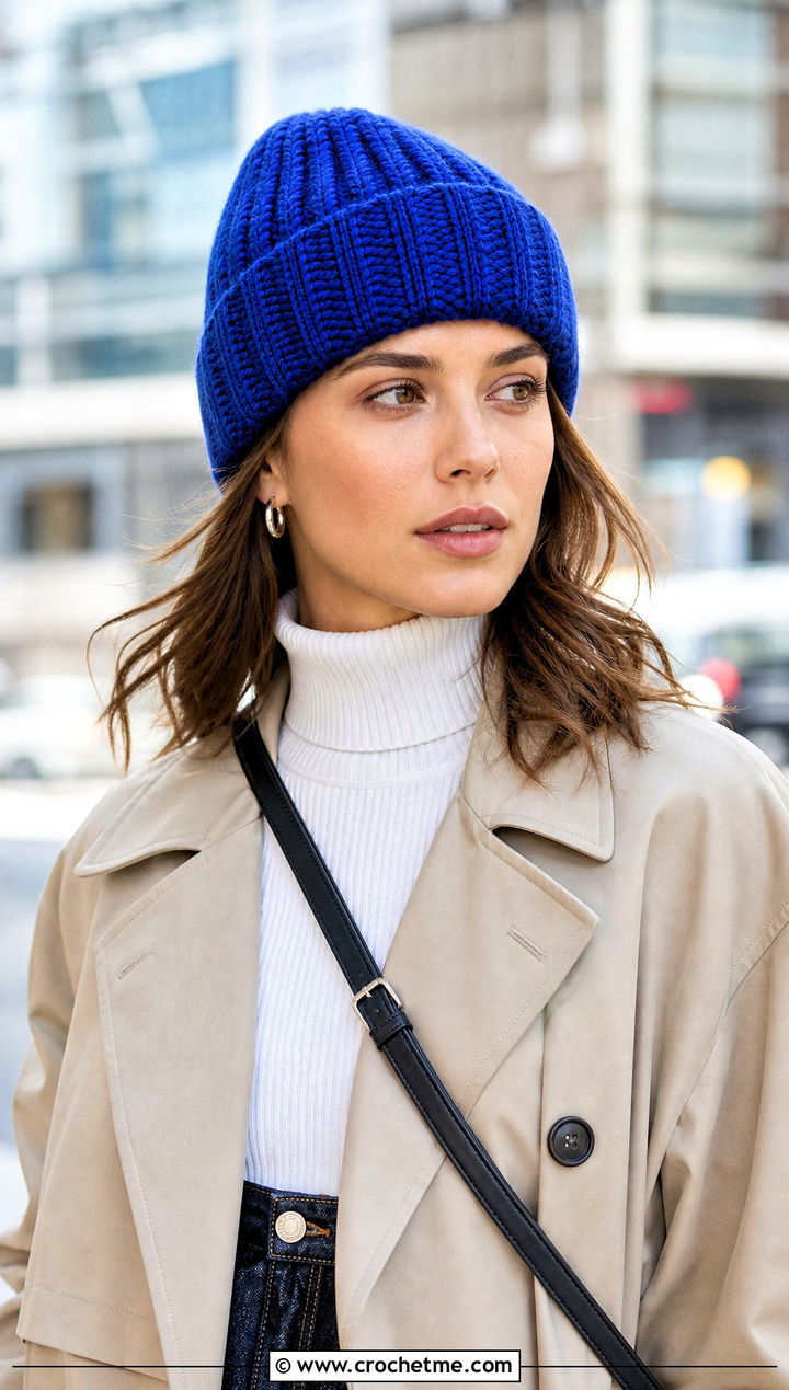 Worsted Weight Ribbed Cuffed Crochet Beanie With Trench Coat - 25 Worsted Weight Crochet Beanie outfit ideas