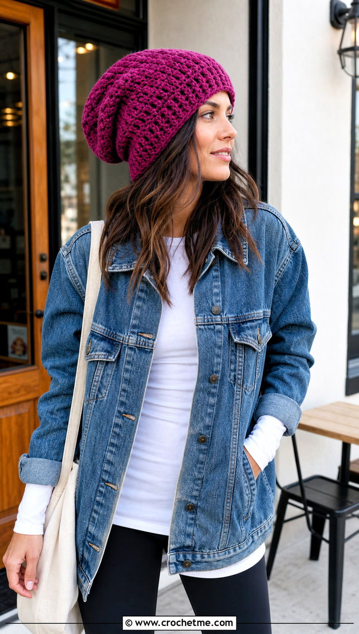 Worsted Weight Slouchy Crochet Beanie With Denim Jacket - 25 Worsted Weight Crochet Beanie outfit ideas