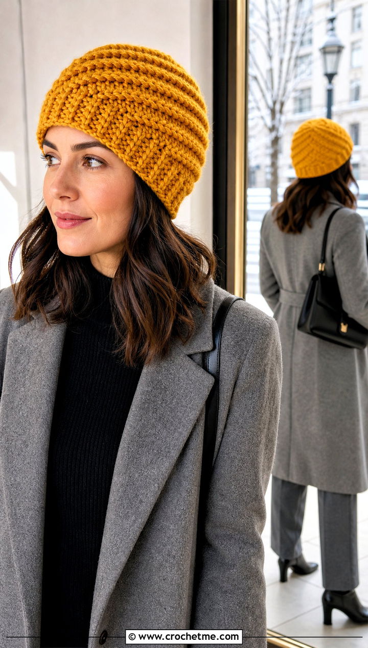 Worsted Weight Spiral Stitch Crochet Beanie With Long Coat - 25 Worsted Weight Crochet Beanie outfit ideas