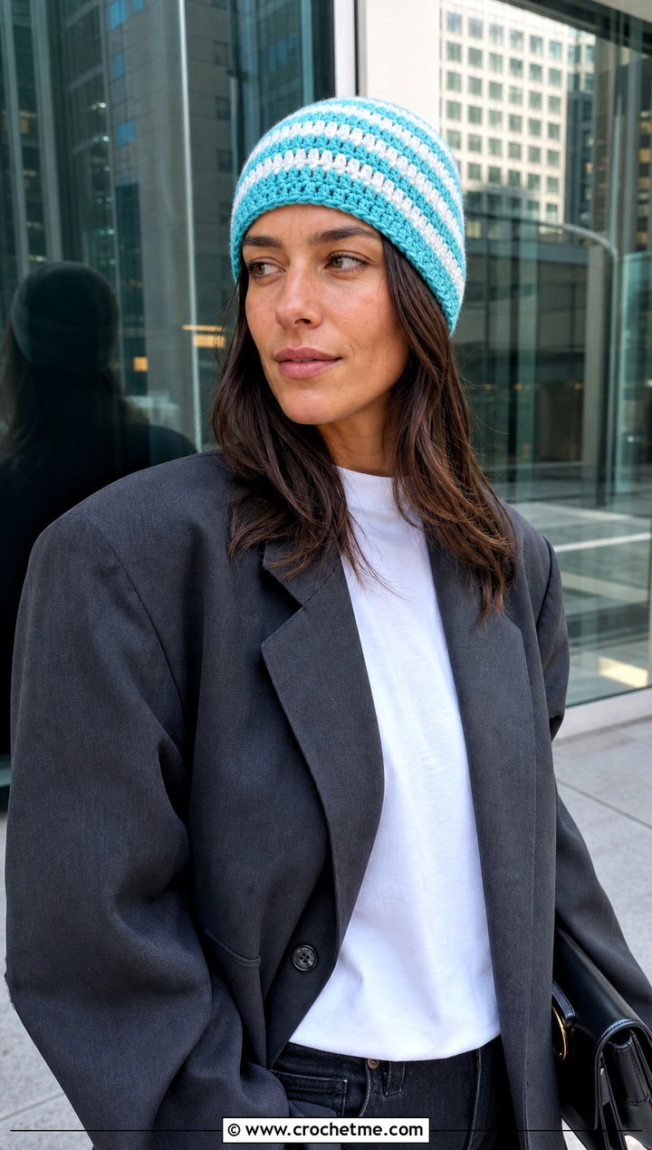 Worsted Weight Striped Crochet Beanie With Oversized Blazer - 25 Worsted Weight Crochet Beanie outfit ideas