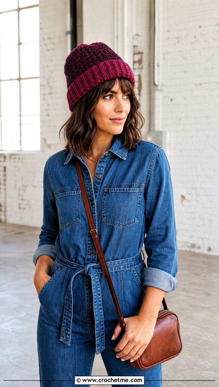 Worsted Weight Two Tone Crochet Beanie With Denim Jumpsuit - 25 Worsted Weight Crochet Beanie outfit ideas