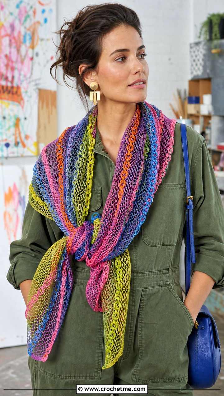 Woven Mesh Rainbow Scarf With Utility Jumpsuit And Sneakers - 15 Crochet Rainbow Scarf outfit ideas
