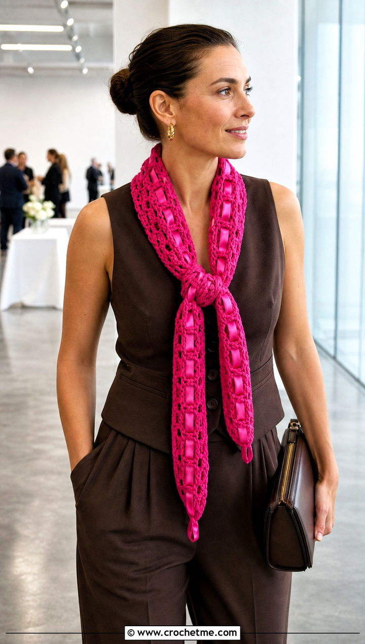 Woven Ribbon Crochet Scarf With Vest And Wide Leg Pants - 15 Crochet Ribbon Scarf outfit ideas