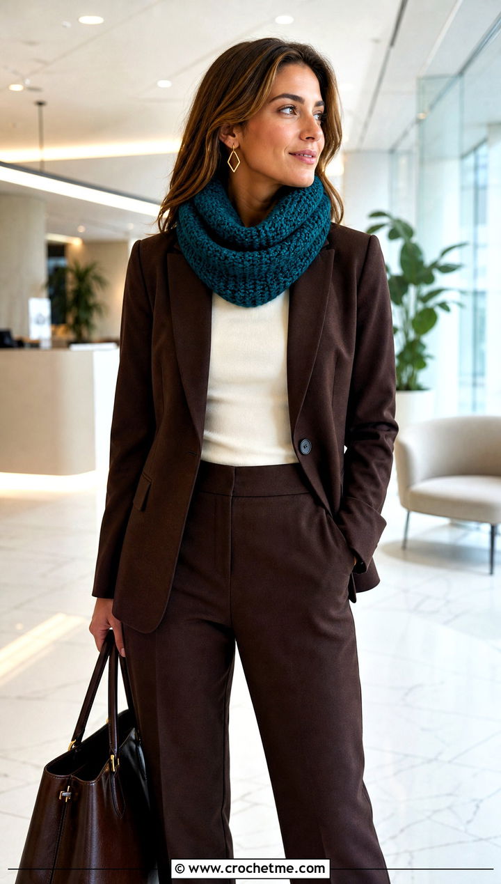 Woven Stitch Crochet Turtleneck Cowl With Trouser Suit - 25 Crochet Turtleneck Cowl outfit ideas