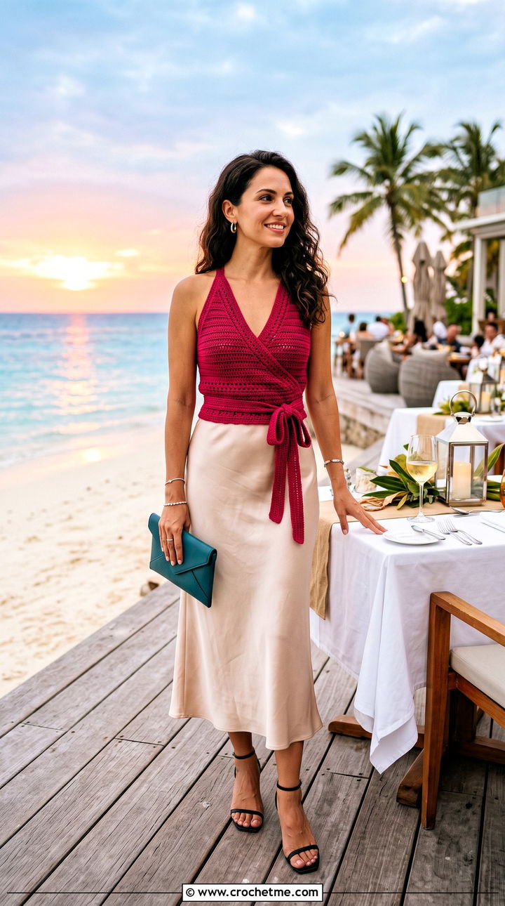 Wrap Beach Crochet Top With Slip Skirt - 35 Beach Crochet Top outfit ideas