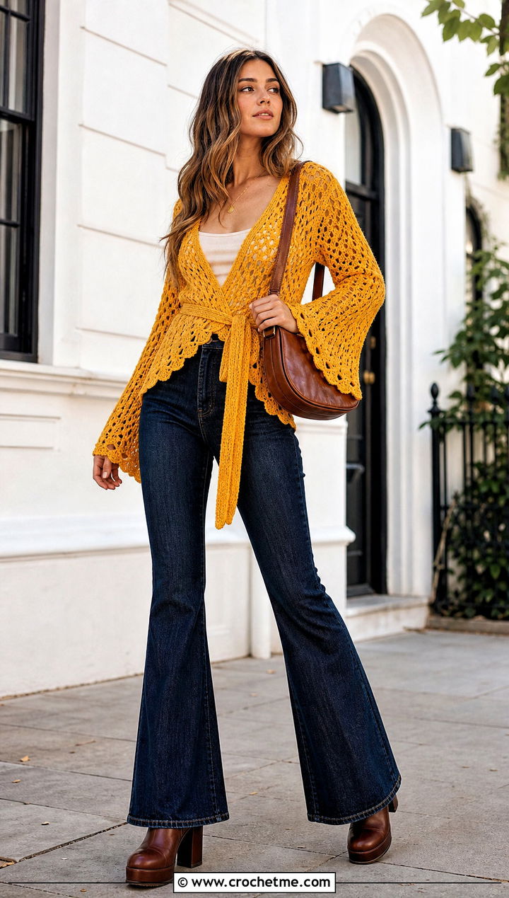 Wrap Bell Sleeve Crochet Sweater With Flared Jeans - 25 bell sleeve crochet sweater outfit ideas