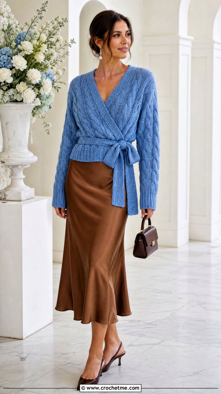Wrap Cable Sweater With Bias Cut Midi Skirt - 35 crochet cable sweater outfit ideas