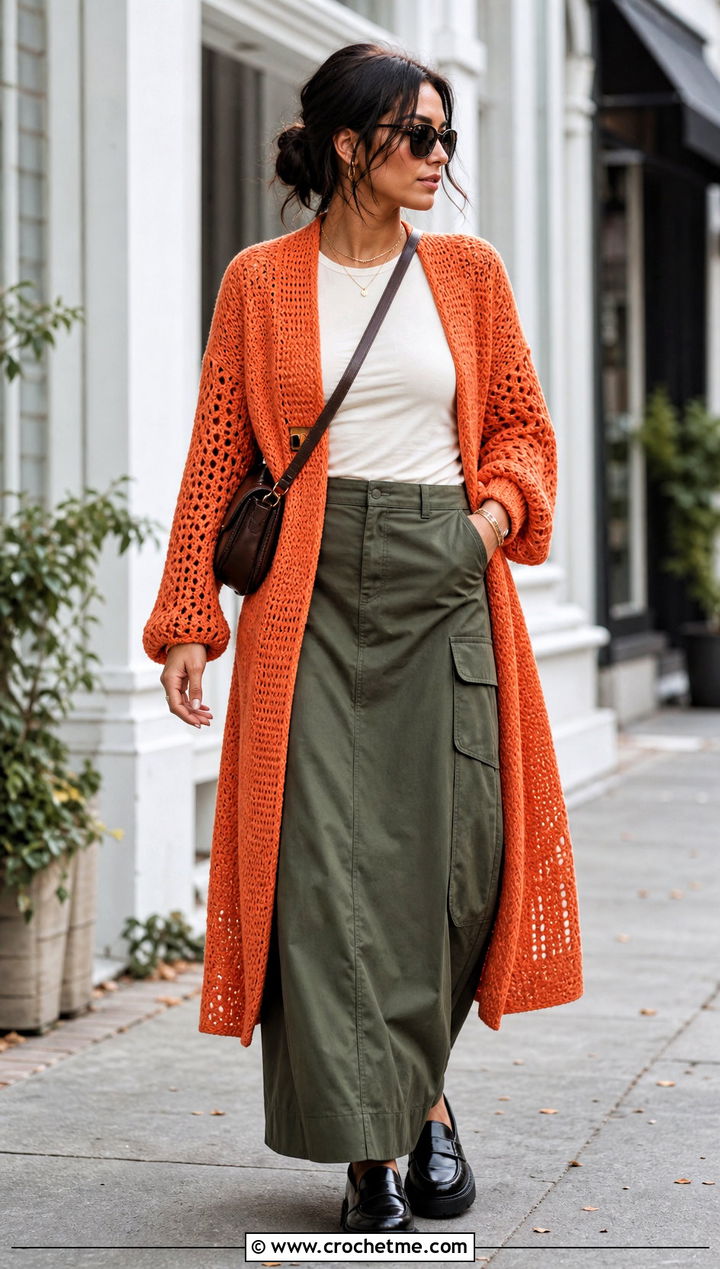 Wrap Cardigan Crochet Sweater With Cargo Skirt - 35 crochet wrap sweater outfit ideas