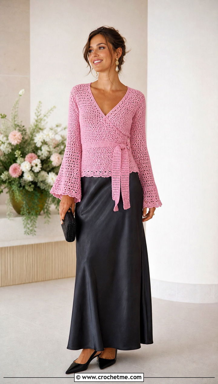 Wrap Crochet Bell Sleeve Top With Satin Maxi Skirt - 30 crochet top with bell sleeves outfit ideas