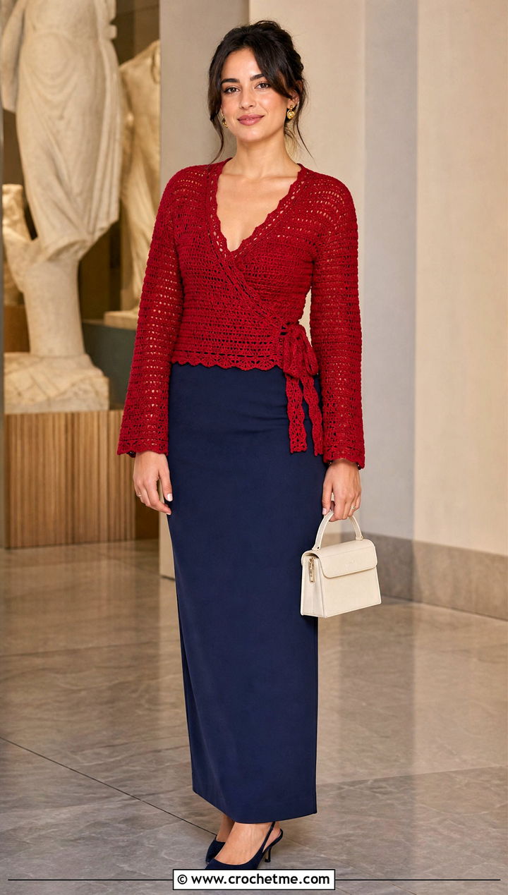 Wrap Crochet Blouse With Column Maxi Skirt - 15 colorful crochet blouse design outfit ideas