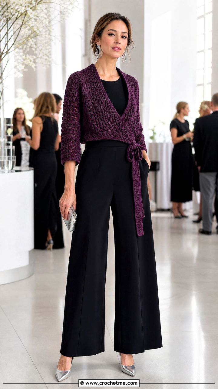 Wrap Crochet Cardigan With Tailored Jumpsuit - 35 easy crochet cardigan women outfit ideas