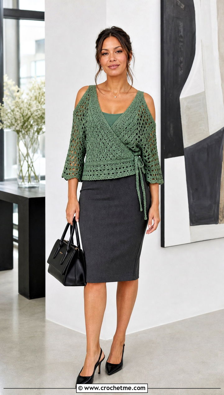 Wrap Crochet Cold Shoulder Top With Pencil Skirt - 35 crochet cold shoulder top outfit ideas