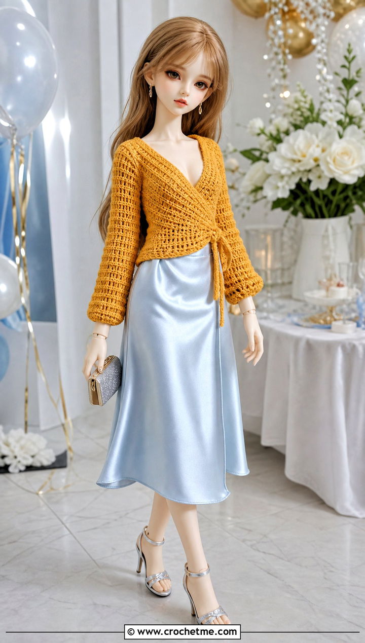 Wrap Crochet Doll Sweater With Satin Skirt - 20 Crochet Sweater For Dolls outfit ideas