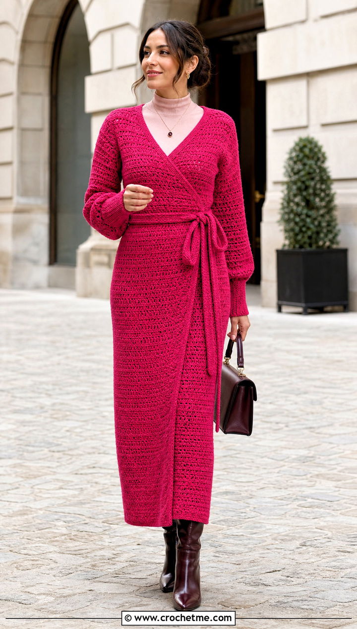 Wrap Crochet Dress With High Neck Top - 30 modest crochet dress outfit ideas