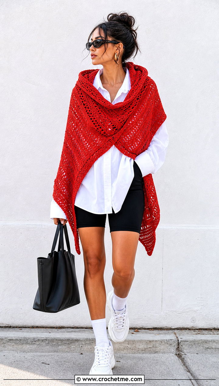 Wrap Crochet Hooded Shawl With Biker Shorts - 35 crochet hooded shawl outfit ideas