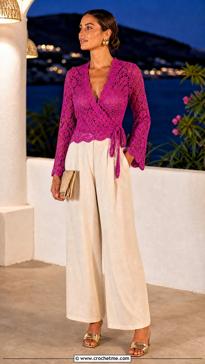 Wrap Crochet Lace Blouse With Palazzo Pants - 35 crochet lace blouse outfit ideas