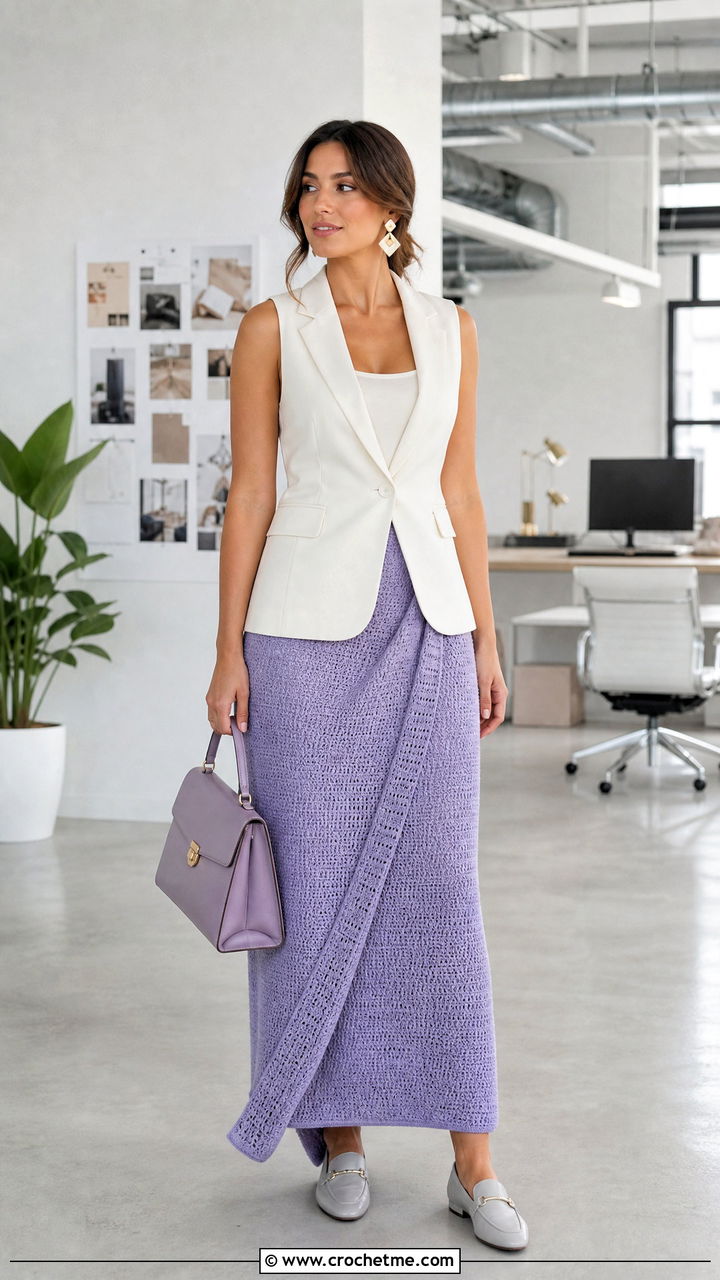 Wrap Crochet Long Skirt With Sleeveless Blazer - 35 crochet long skirt outfit ideas